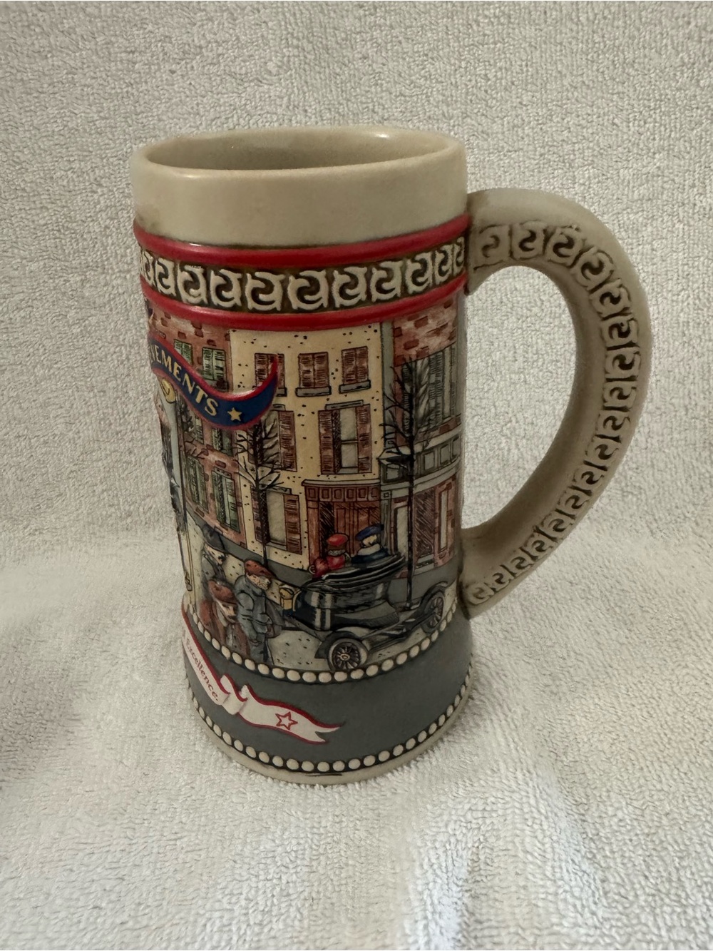 Miller Beige and Red Ceramic Stein - Holiday Village Scene
